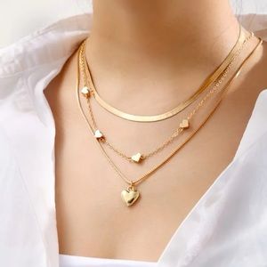 3 Piece Layered Heart Charm Necklace Set